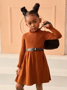 Young Girl Fall Casual Knitted Sweater Dress With Ruffle Trim - Brown - View 4