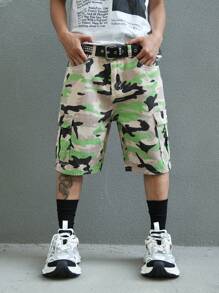 Manfinity EMRG Men's Casual Camo Pattern Waist Belt Pocket Denim Shorts For Everyday Wear - Multicolor - View 1