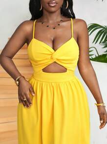 Slaydiva Summer Casual/Date/Holiday Spaghetti Straps Dress, Front Knot And Cut-Out Design, High Slit, A-Line, White Women's Dress -J