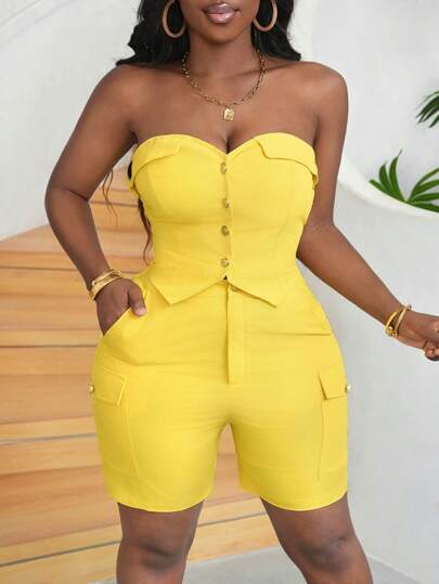 Slaydiva Casual Basic Basic Kỳ nghỉ hè Áo quây viền bất đối xứng có cúc phía trước & Quần short có túi lưng cao Trang phục ôm vừa vặn màu vàng cho nữ, 2 cái/bộ - J