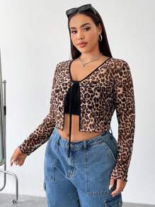 SHEIN EZwear 女式加大码豹纹长袖短款上衣，前系带 - 彩色 - 查看 4