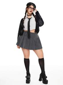 ROMWE Academia Plus Size Grey Striped Pleated Mini Skirt - Grey - View 1