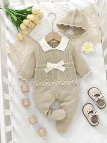SHEIN Baby Girls' Bow Decor Knitted Romper