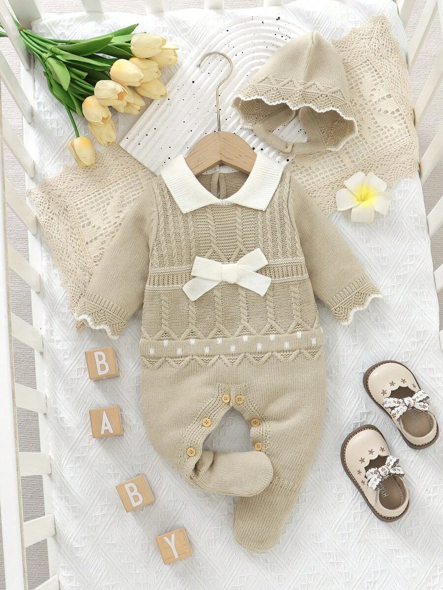 SHEIN Baby Girls' Bow Decor Knitted Romper