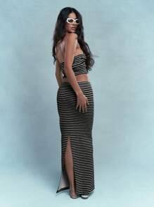 MISSGUIDED Falda larga ajustado de rayas con textura - Blanco y Negro - Ver 3