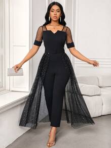 SHEIN Lady Women's Fashionable Elegant Party Black Glitter Mesh Jumpsuit, With Textured Short Sleeves And Mesh, 2-In-1 Style Women Vintage Clothes Teacher Clothes - Black - View 5