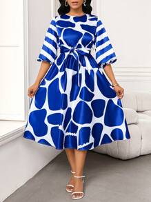 SHEIN Lady Vestido de línea H con estampado geométrico azul y blanco, cinturón con lazo en la cintura y mangas de longitud media para mujer - Azul - Ver 3