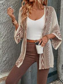 SHEIN LUNE Cardigan da donna in stile bohémien, con maniche a sbuffo, fantasia geometrica e contrasto di colori, top a maniche lunghe