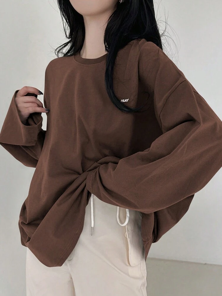 DAZY Women's Spring/Summer Loose Casual T-Shirt With Slogan Print, Round Neck And Drop Shoulder Long Sleeves - Brown - View 4