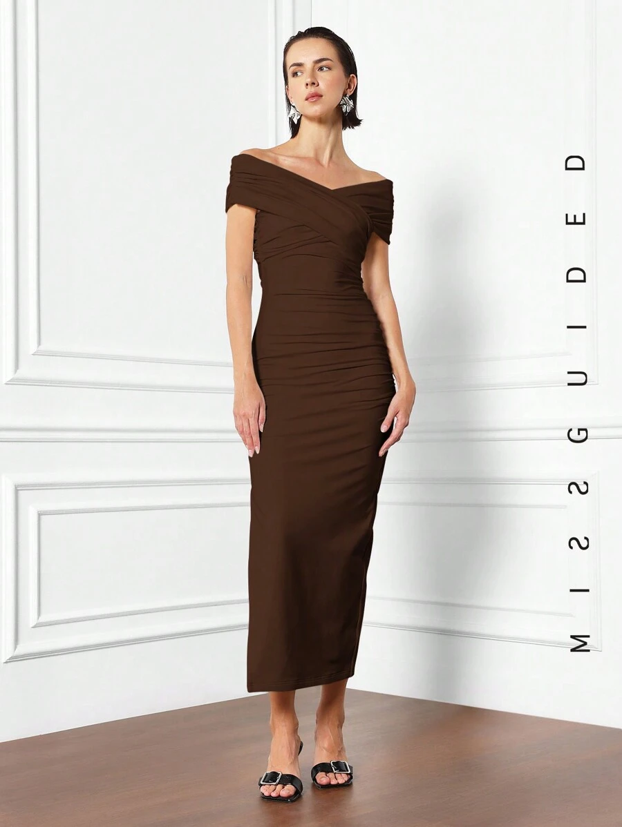 MISSGUIDED Cross Ruched Off Shoulder Side Slit Midaxi Dress - Brown - View 1