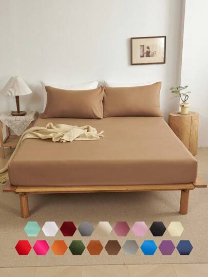 三件套纯色咖啡棕色床单，采用超细纤维面料，包含1个床笠和2个枕套（不含枕芯），现代柔软的床上用品套装，适合居家、宿舍、返校季使用，深口袋设计，适用于厚度达16英寸的床垫。