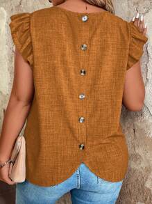 SHEIN LUNE Plus Size Casual Back Button Fly Cap Sleeve Blouse - Orange - View 4
