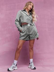 MISSGUIDED 带口袋的竖条纹休闲短裤，弹力高腰抽绳休闲短裤，适合夏季、度假装、海滩度假装、日常穿着 - 灰色 - 查看 4