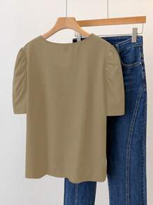 SHEIN LUNE Plus Size Nữ dáng rộng sọc cổ tròn ngắn tay phồng bong bóng, mùa hè - màu nâu - Xem 2