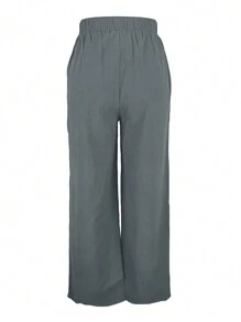 Women's Solid Color Casual Drawstring Pocket Elastic Waist Pants - Dark Grey - View 2