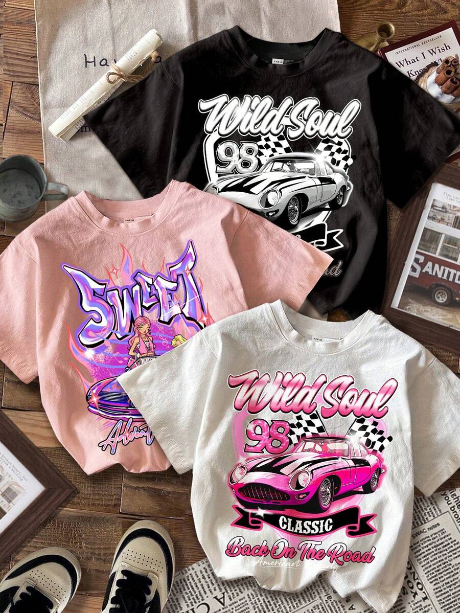 SHEIN 3 件装复古赛车印花，Y2K，粉色，“酷女孩”少女休闲简约卡通图案宽松圆领短袖 T 恤，适合夏季 - 彩色 - 查看 1