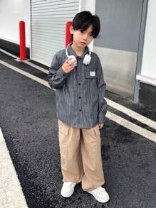 2 件套儿童青少年男童休闲韩版可爱刺绣领开衫衬衫和直腿裤套装