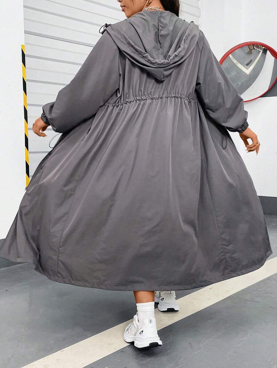 Flirla Plus Size Drawstring Hooded Sun Protection Casual Long Outerwear Fall Winter Cloth For Women Autumn