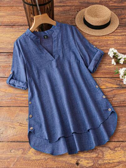 Linhara Plus碎花不對稱領口卷扣袖高低不規則鬆緊腰上衣