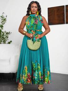EMERY ROSE Plus Size Tropical Print Halter Neck Dress For Vacation Maxi Women Outfit, For Summer - Teal Blue - View 5