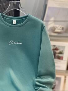 SHEIN 青少年男孩休闲校园风格舒适百搭透气针织双面字母印花圆领长袖运动衫，适合上学、户外、旅行、四季和送礼