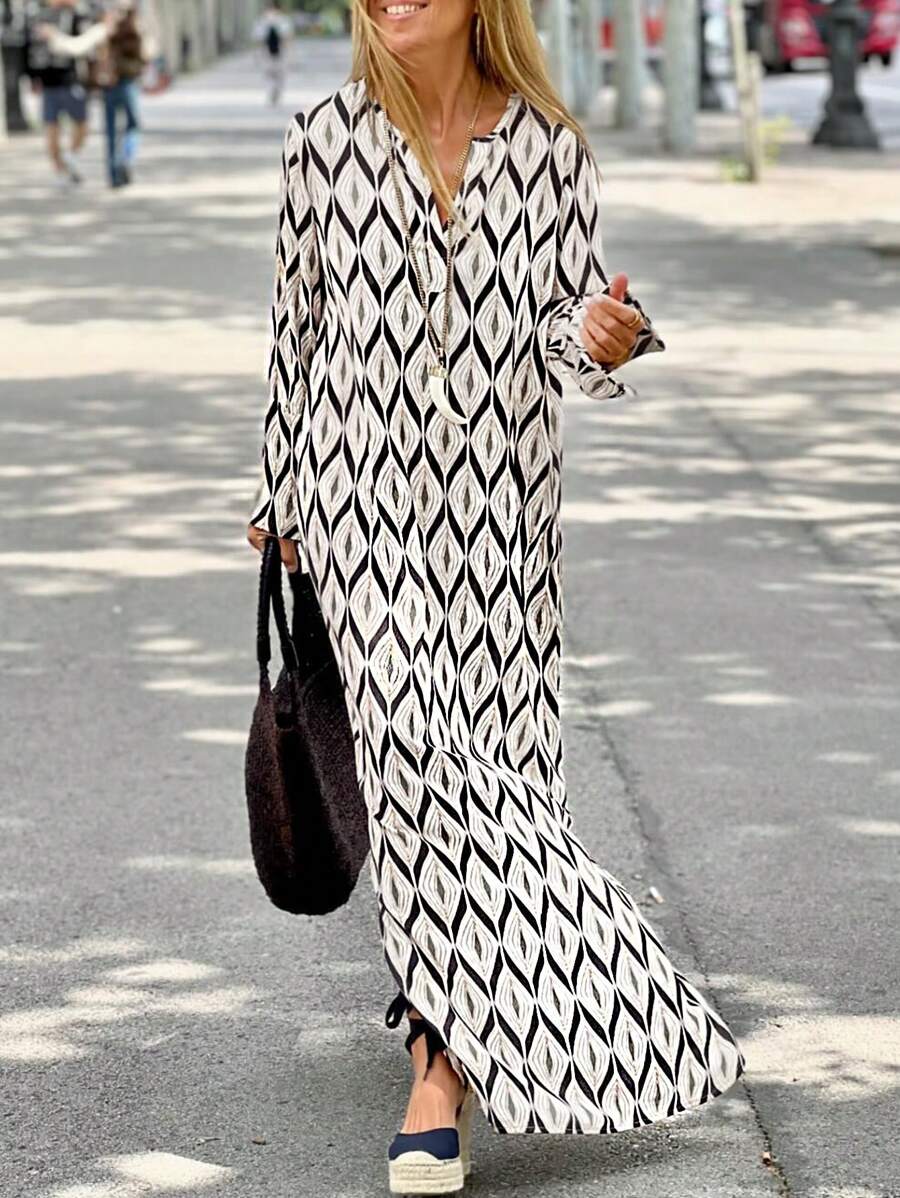 SHEIN LUNE Allover Print Split Thigh Tunic Dress For Holiday - Apricot - View 1