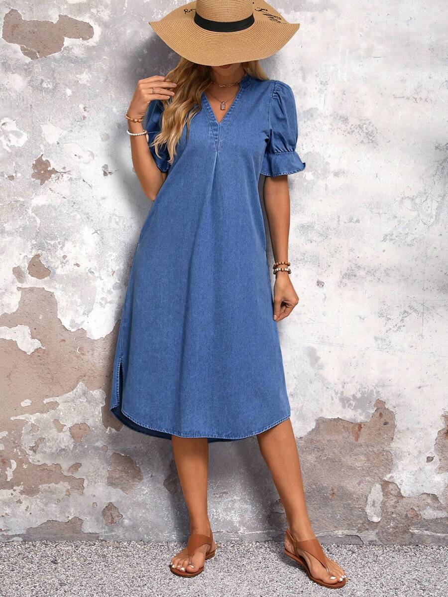 SHEIN LUNE V-Neck Ruffle Trim Short Sleeve Split Side Denim Casual Dress, Daily - Medium Wash - View 1