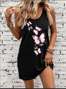 EMERY ROSE Đầm suông cổ tròn in họa tiết bướm màu nước tối giản giản dị dành cho nữ, mùa hè - màu đen - Xem 2