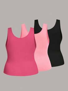 SHEIN LUNE Áo ba lỗ cổ tròn màu trơn cỡ lớn 3 chiếc/bộ cho phụ nữ có đường cong, mùa hè - Nhiều màu - Xem 2