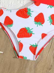 Girls' Digital Strawberry Print Red Hollow Ruffled One-Piece Swimsuit - Red - View 3