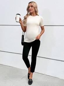 SHEIN Maternity Round Neck Short Sleeve Fitted Sweater For Pregnant Women, Autumn/Winter - Yellow - View 5