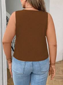 Celure 大码女式夏季纯色单排扣休闲办公背心 - 棕色 - 查看 3