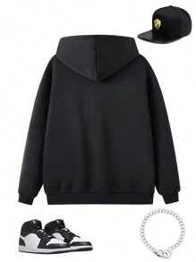 SHEIN 1入組青少年男孩街頭風格寬鬆連帽圖案印花運動衫，適用於秋冬戶外活動 - 黑色 - 查看 2