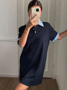 Livesso Vestido corto de polo con mangas cortas y parches para mujer, vestido casual de verano para mujer - Azul Marino - Ver 7