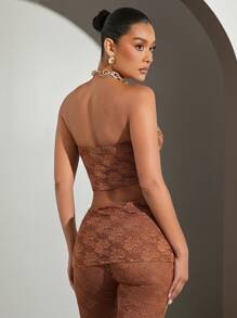 Hauture Blusa transparente de encaje con detalle de dobladillo hacia abajo para mujer