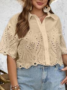 SHEIN VCAY Plus Size Nữ Kỳ Nghỉ Thêu Hoa Tay Ngắn Áo Kiểu dáng Rộng - Màu be - Xem 4