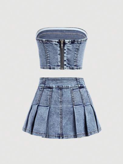 SHEIN Girlism Tween 女童 Y2K 时尚石洗露肩压褶牛仔裙套装，女童返校街头装两件套