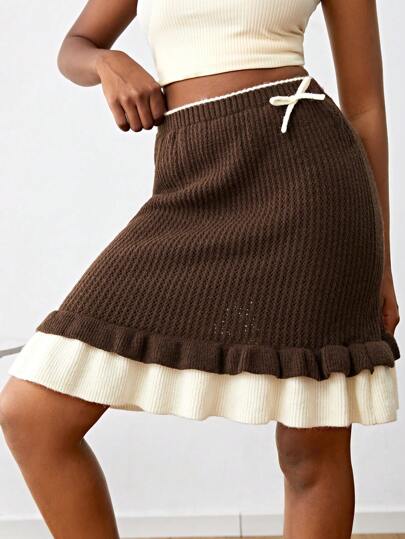 Teen Girl's Casual Kontrastfärg Block volanger fåll tröja kjol, vår höst