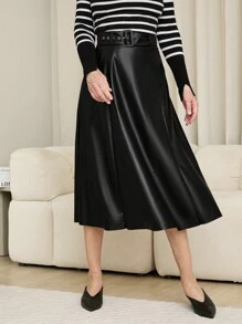SHEIN LUNE 女式系带装饰 PU 皮革黑色长款优雅裙子，秋装 - 黑色 - 查看 4