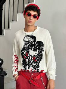 Manfinity VCAY 1pc Heren Y2K Kleding Grappige Casual Oversize Trendy High Street Vintage Stijl Skelet Lange Mouw Grafische Trui Terug Naar School Herfstkleding Halloween Kleding