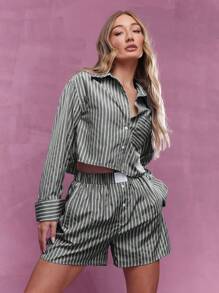 MISSGUIDED 带口袋的竖条纹休闲短裤，弹力高腰抽绳休闲短裤，适合夏季、度假装、海滩度假装、日常穿着 - 灰色 - 查看 3