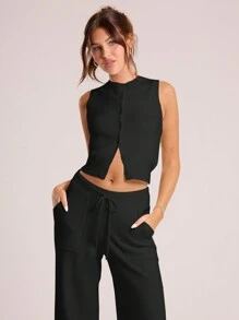 MUSERA Knitted Button Through Sweater Vest Spring Y2K 90's Casual Cute Airport Summer Holiday Back To School Winter Everyday Work Office Party Chic - Black - View 5