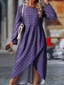 SHEIN Clasi 格子不对称下摆圆领长袖连衣裙 - 藏蓝色 - 查看 3