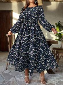SHEIN Unity 大码女式碎花灯笼袖宽松连衣裙，适合节日长款女装 - 彩色 - 查看 4