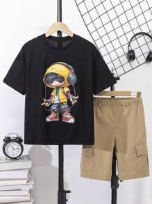 Tween Boys' Patterned Round Neck Short Sleeve T-Shirt And Cargo Shorts Set - Multicolor - View 1