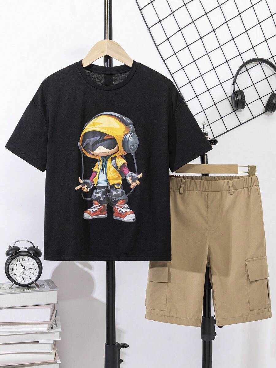 Tween Boys' Patterned Round Neck Short Sleeve T-Shirt And Cargo Shorts Set - Multicolor - View 1