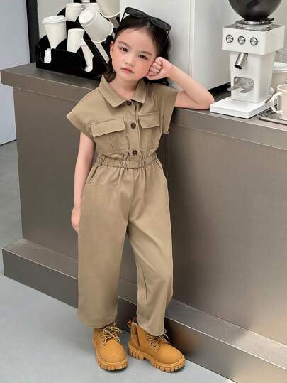 SHEIN Little Byeori Young Girl's Solid Color Woven Jumpsuit With Turn-Down Collar, Short Button Placket, And Double Pockets Khaki For Kidsjumpsuit For Young Girl>Plainmocha Young Girl Outfit