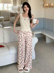 DAZY 熊印花无袖上衣和裤子睡衣套装 - 杏色 - 查看 7