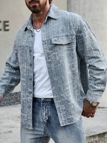 Manfinity Homme Men Flap Detail Long Sleeve Denim Shirt - Light Wash - View 4