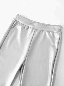 Girls' Simple Silver Leather-Look High-Waisted Flared Stretch Comfortable Stylish Long Leggings - Silver - View 4
